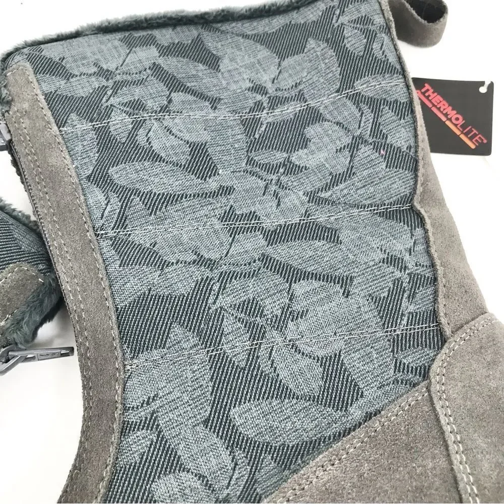Land’s End Gray Suede Floral Canvas Front Zip Faux Fur Lined Thermolite Boot NEW